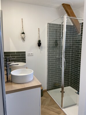 Shower, hair dryer, towels, toilet paper