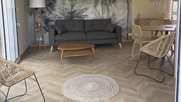 A modern living room with a herringbone floor, a grey sofa, a wooden coffee table, wicker chairs, and a large wall mural of palm trees. - 6/8 person gîte with swimming pool and jacuzzi (Thésée)