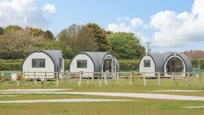Trois petites cabanes semi-circulaires, à un seul étage, avec des toits gris et des murs blancs, entourées d’une clôture en bois et situées dans un champ herbeux, avec des arbres en arrière-plan.