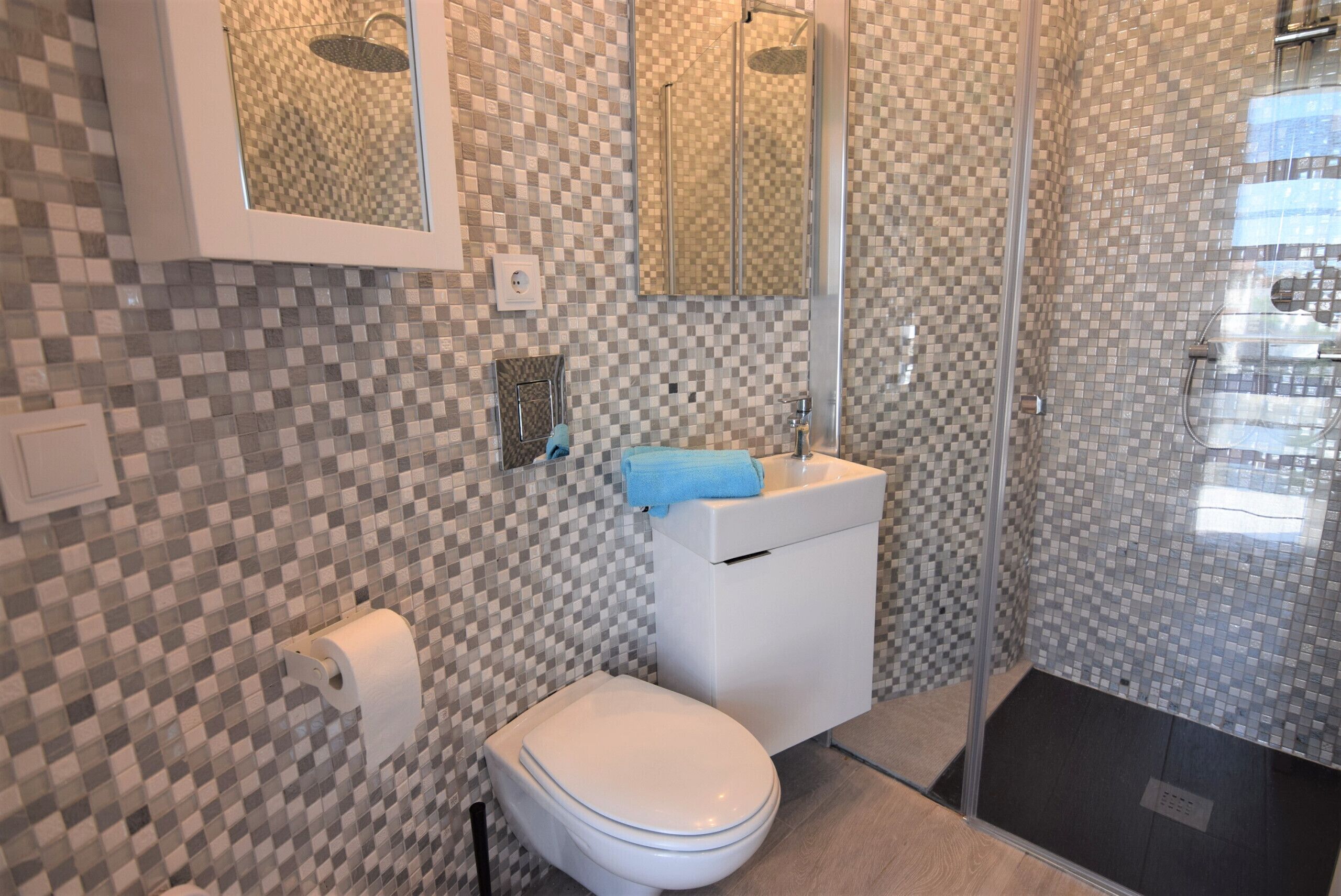Un baño con inodoro, lavamanos y ducha.