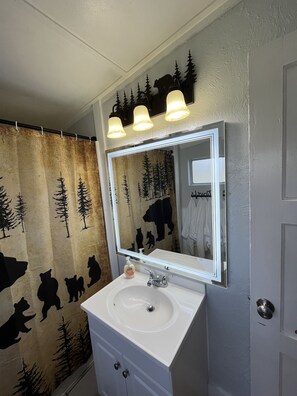 Combined shower/bathtub, hair dryer, towels, soap