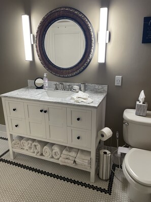 Combined shower/bathtub, hair dryer, bidet, towels