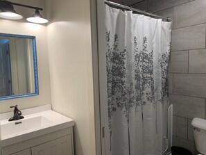 Combined shower/tub, hair dryer, towels, toilet paper