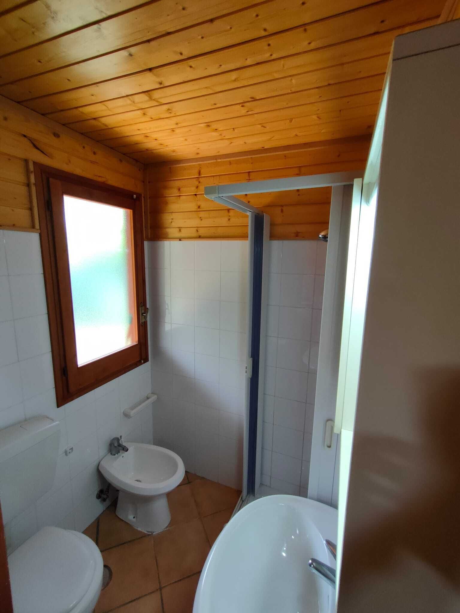 Un baño pequeño con techo de madera, ventana, inodoro, bidé y bañera.