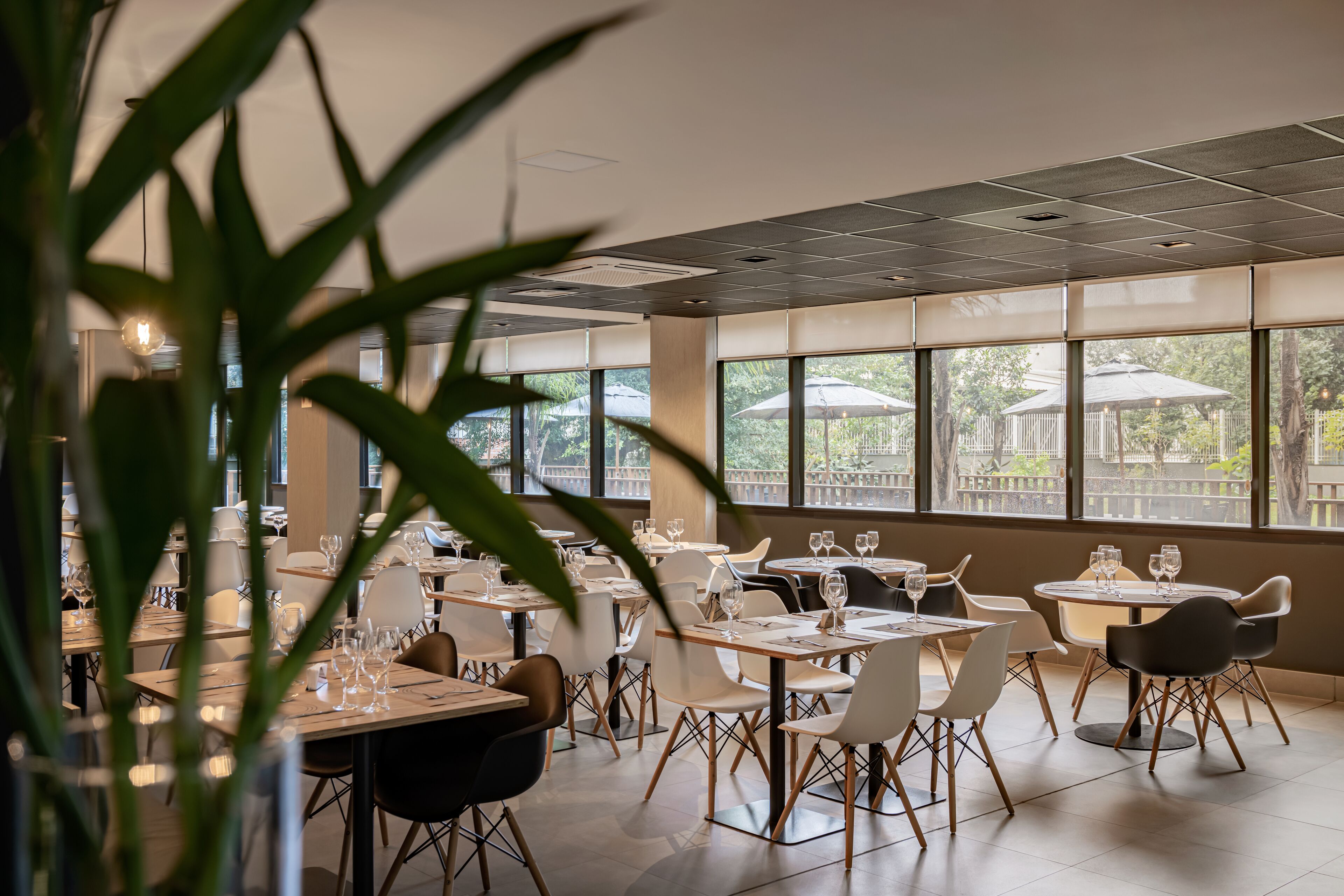 A restaurant with tables and chairs arranged for dining.