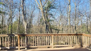 A wooden deck with a railing, surrounded by trees. - Reset and Relax in Luxury Cottage (Rhinebeck)