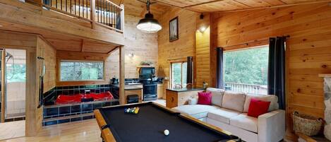 Smart TV, fireplace, DVD player, foosball