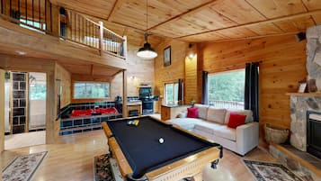 Smart TV, fireplace, DVD player, foosball