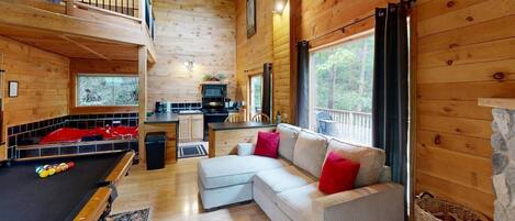 Smart TV, fireplace, DVD player, foosball