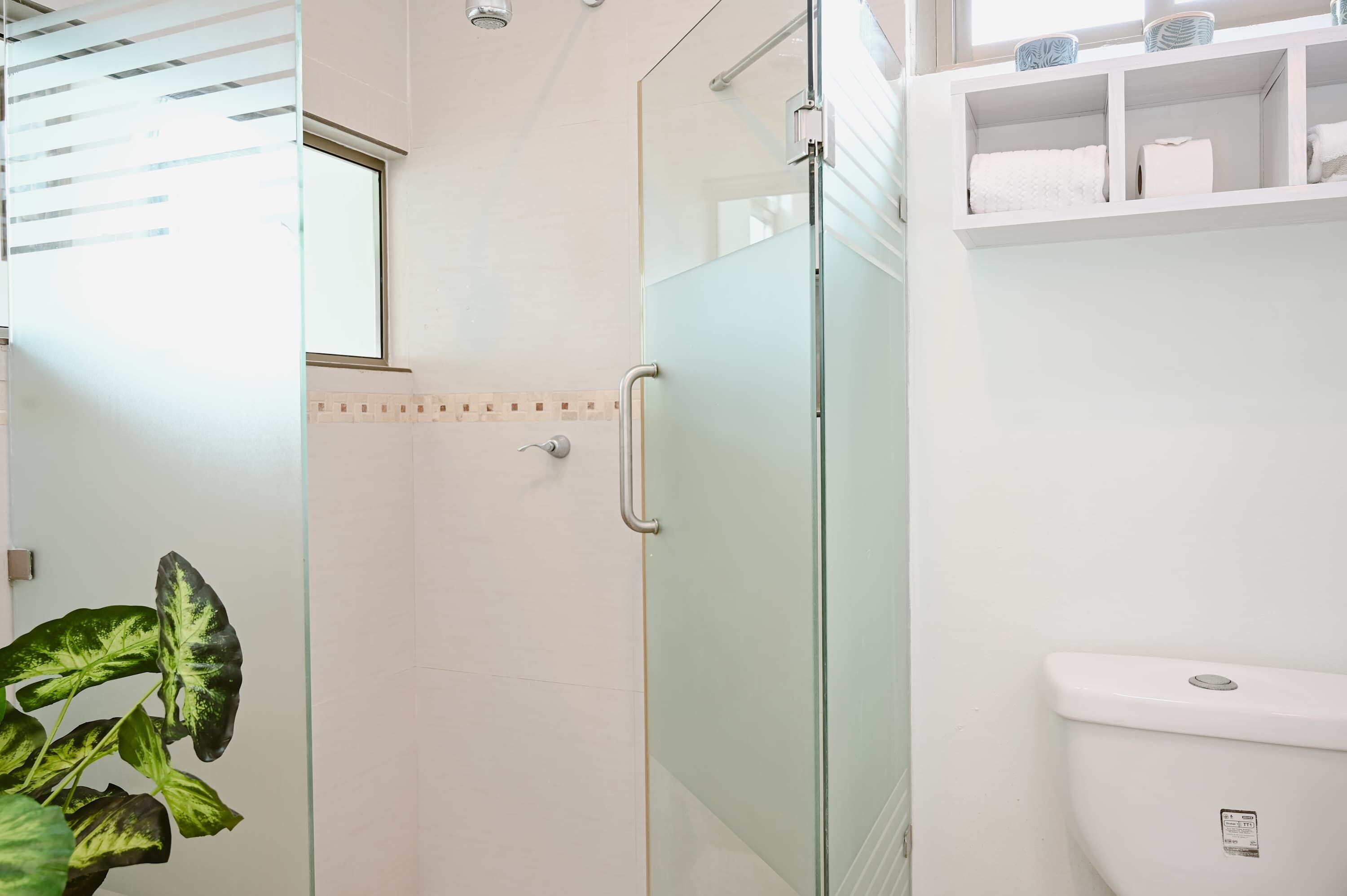 A modern bathroom with a glass shower enclosure, a toilet, and a shelf with toiletries.