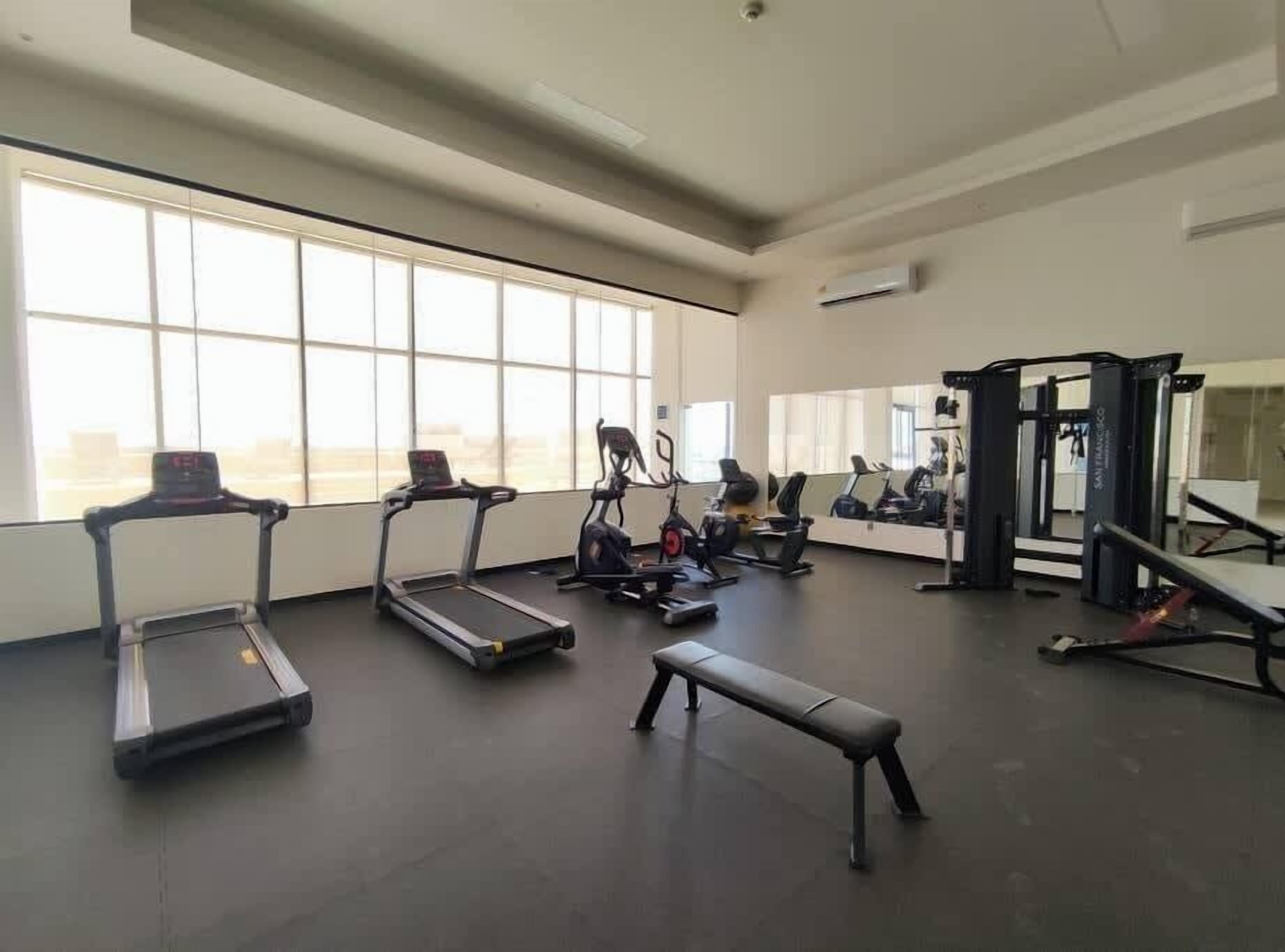 A gym with treadmills, elliptical machines, a bench, and a squat rack.