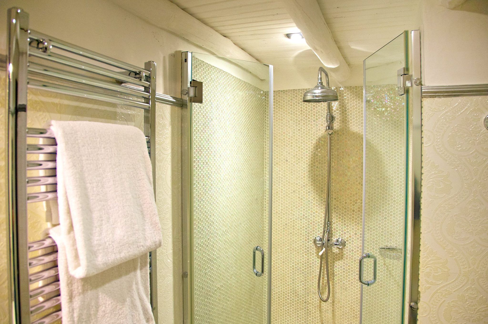 A glass-enclosed shower with a handheld showerhead, a glass door, and a towel rack with a white towel.