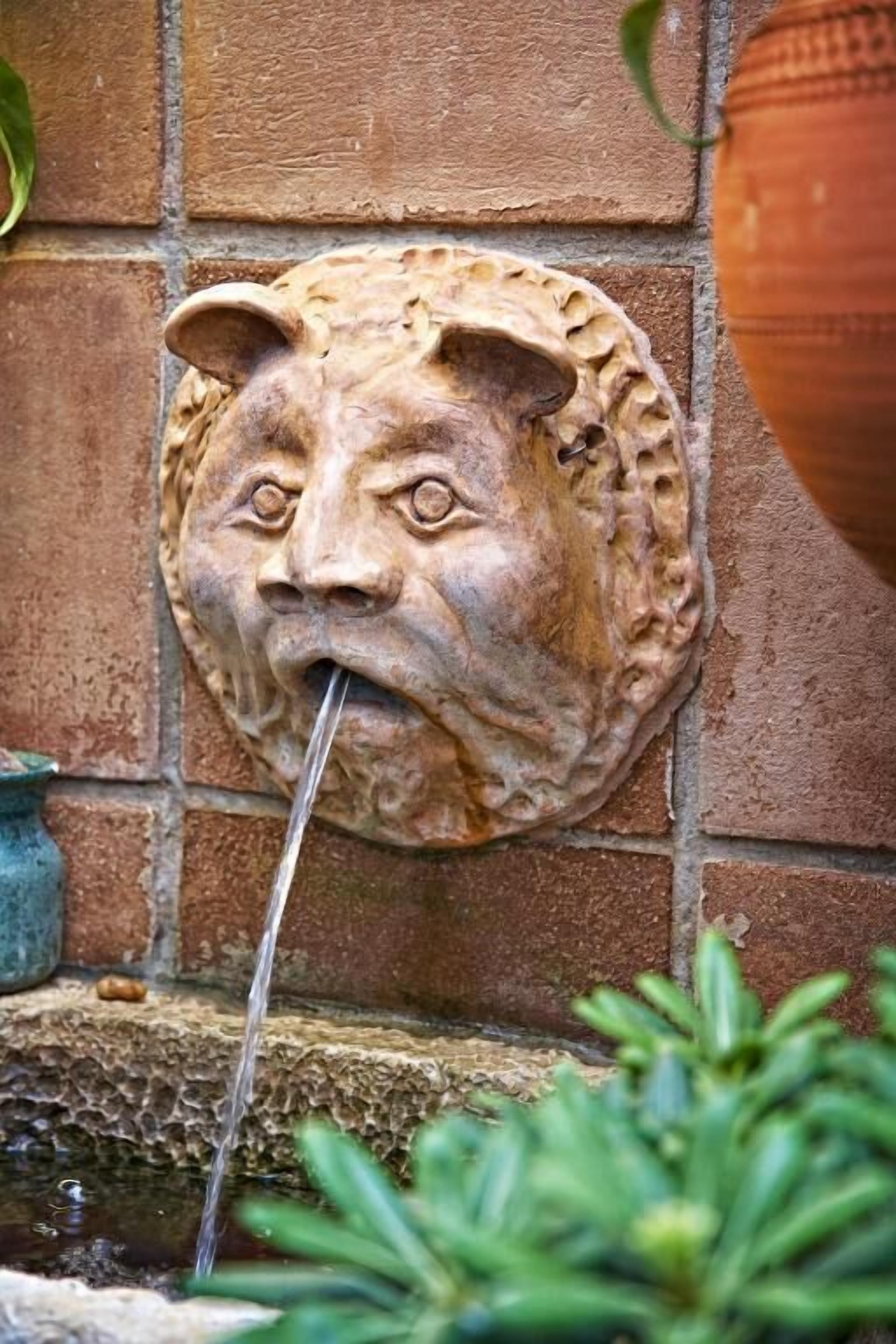 Eine Steinmauer mit einer in Stein gehauenen Kopfskulptur und einem Wasserspeier.