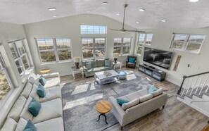 Smart TV, fireplace, DVD player, foosball