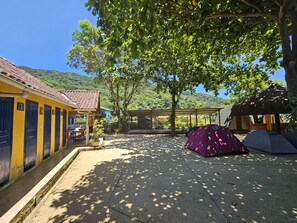 Shower, rainfall showerhead, designer toiletries, hair dryer