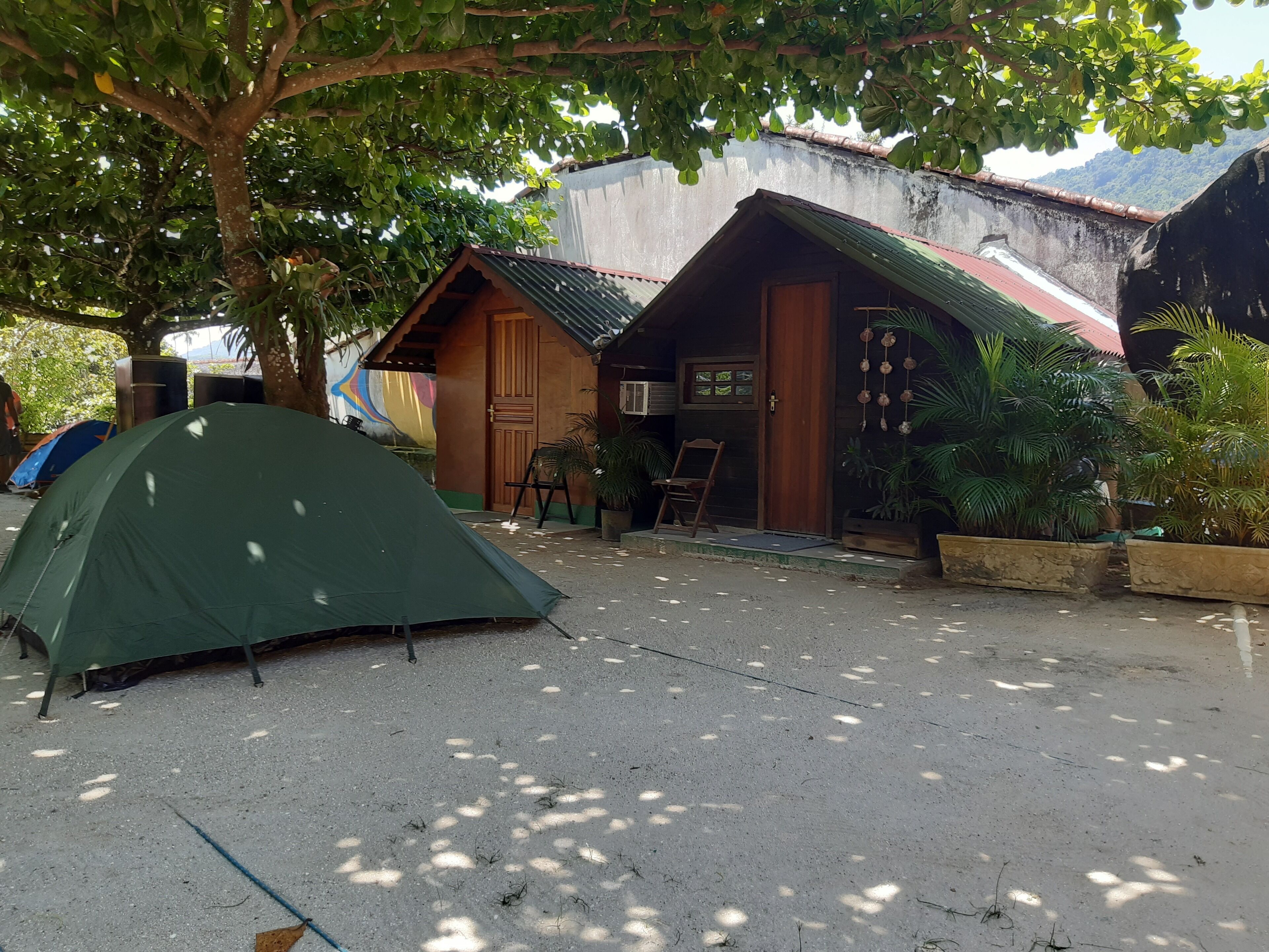 Une tente verte est installée dans une cour, avec un bâtiment en bois en arrière-plan.