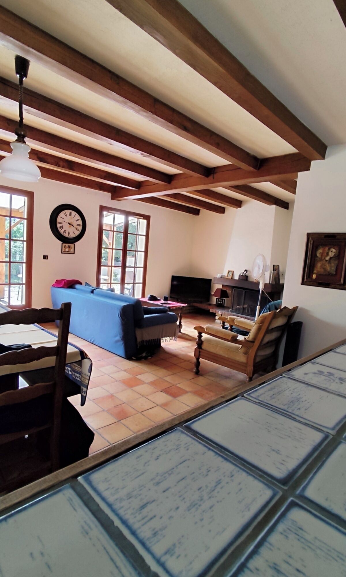 Télévision, cheminée, lecteur de DVD, table de tennis de table