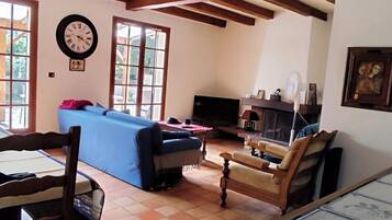 Télévision, cheminée, lecteur de DVD, table de tennis de table