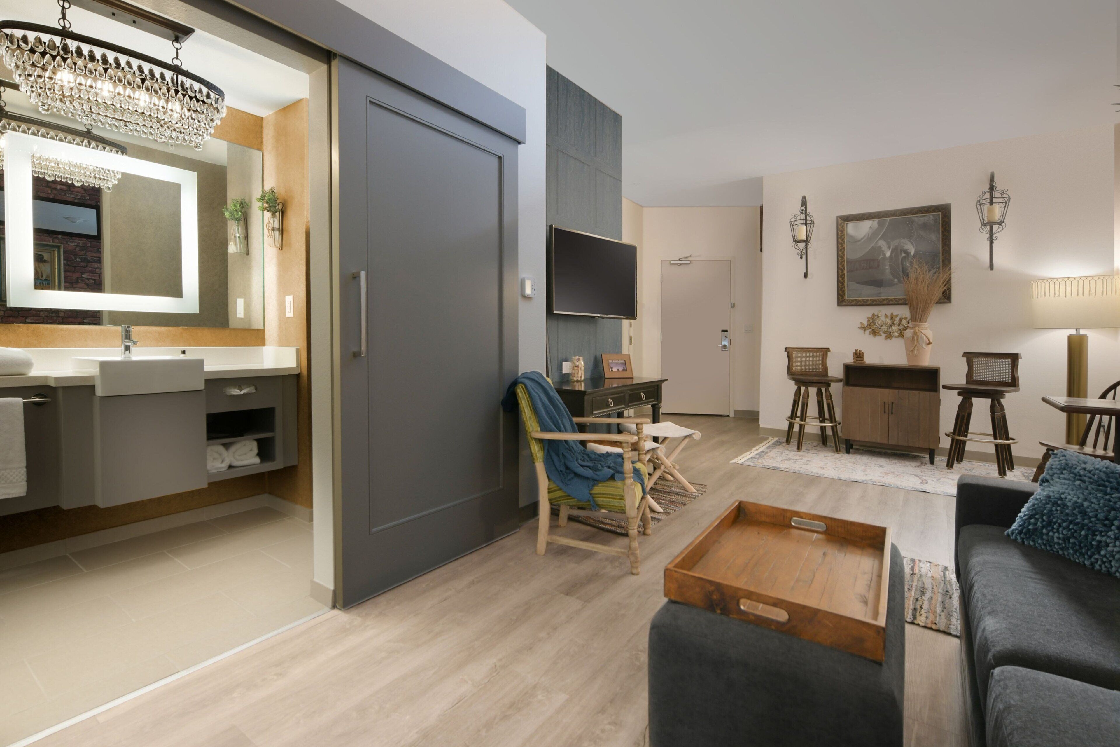 desk, laptop workspace, blackout curtains, iron/ironing board