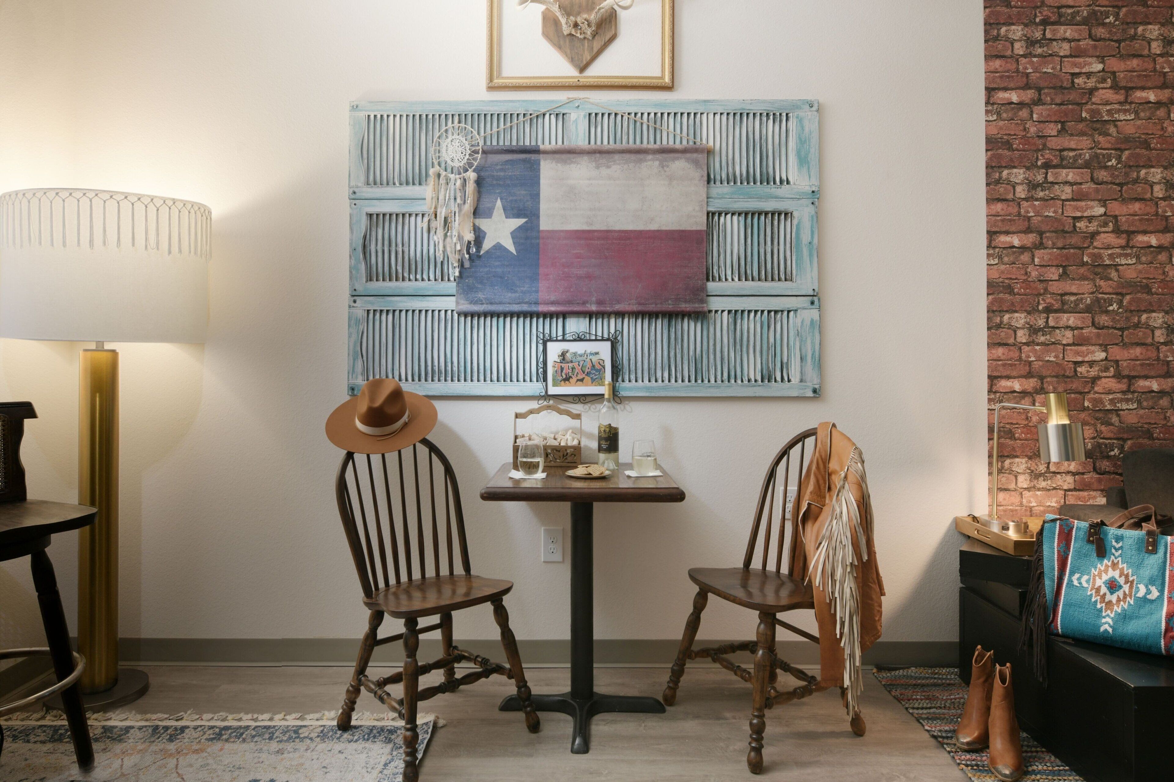 desk, laptop workspace, blackout curtains, iron/ironing board