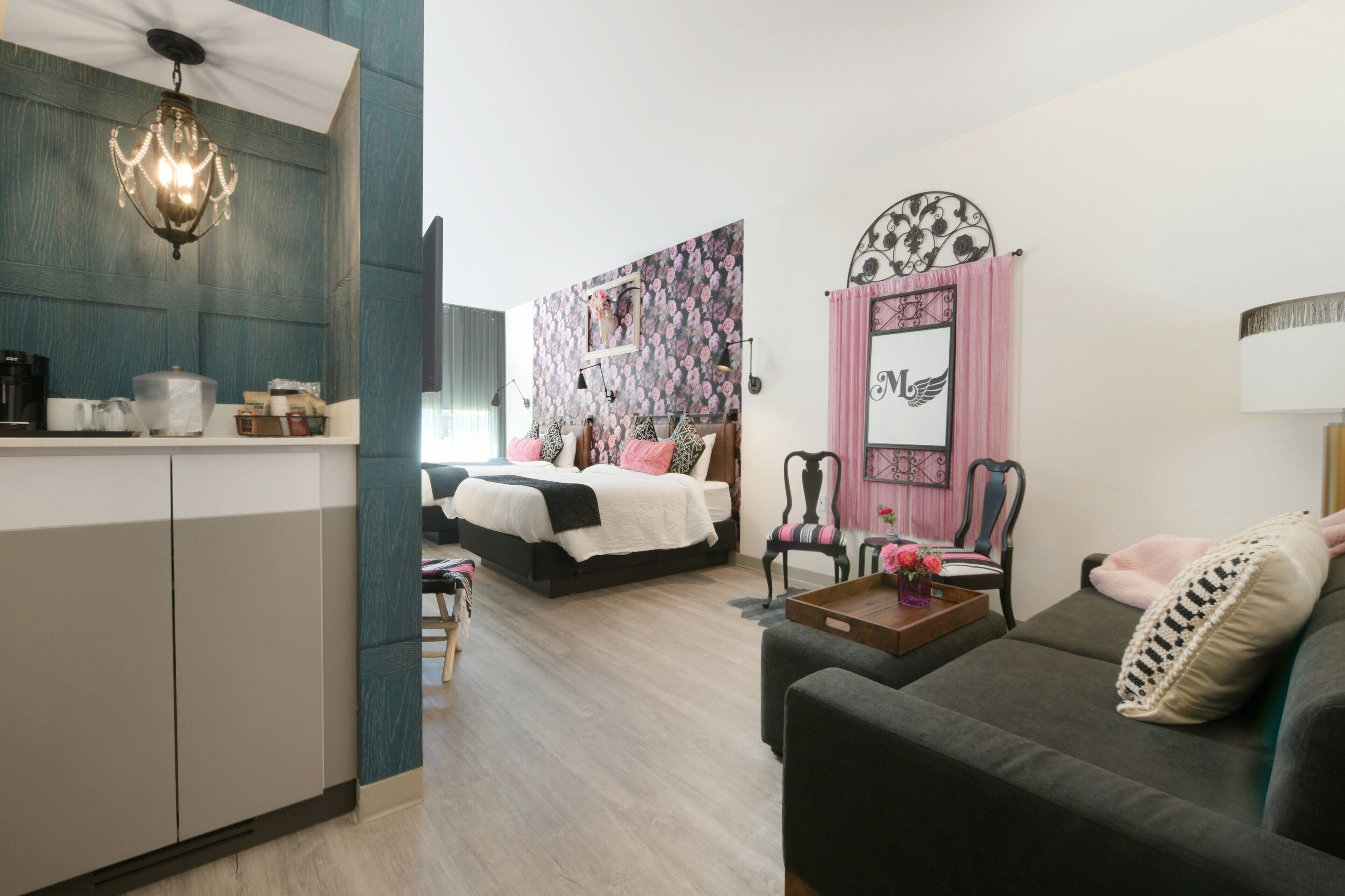 desk, laptop workspace, blackout curtains, iron/ironing board