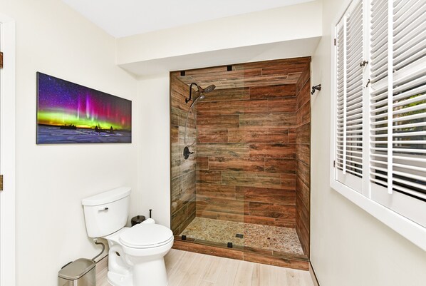 Une salle de bain avec une cabine de douche en bois, des toilettes blanches et un tableau représentant des aurores boréales sur le mur.