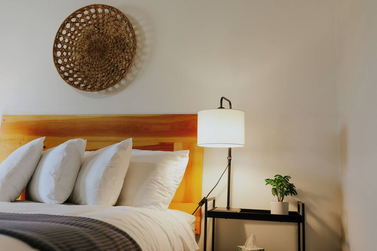Un lit bien fait, avec une literie et des oreillers blancs, une table de chevet avec une lampe et une plante en pot, et une décoration murale.