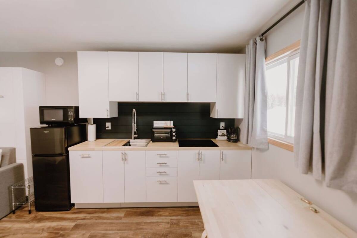 Une cuisine de taille réduite avec des meubles blancs, un réfrigérateur noir, un four à micro-ondes et un évier.