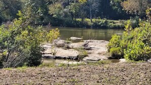A natural landscape with a river, rocks, and dense greenery. - Cozy Riverfront Retreat Close to City (Mableton)