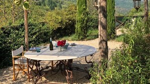 Ein runder Tisch mit Stühlen unter einer Pergola, umgeben von Grün und einer Bergkulisse.