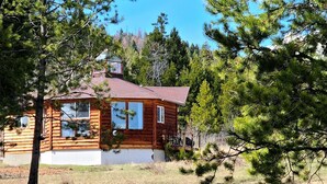 A wooden cabin with a red roof, surrounded by trees. - Our Little Cabin, Life As It Should Be (Philipsburg)
