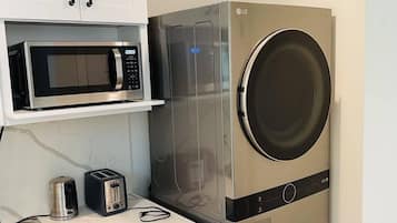 Fridge, microwave, electric kettle, toaster