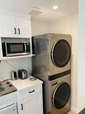 Fridge, microwave, electric kettle, toaster