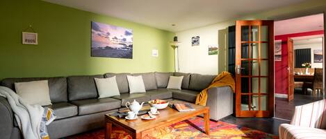 Smart TV, fireplace, DVD player, books