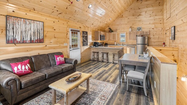 A cozy cabin interior with a living area, wooden walls, a kitchen, and a dining space.