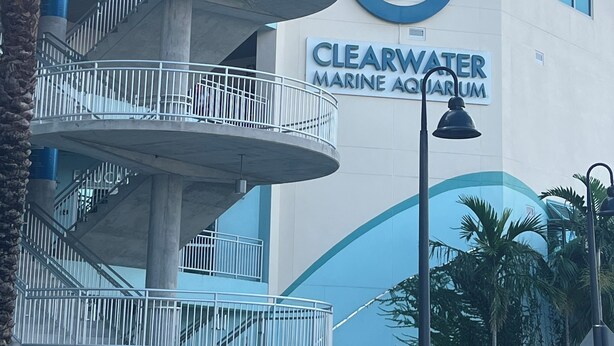 Un bâtiment à plusieurs étages sur lequel on peut lire l’inscription : « Aquarium marin de Clearwater ».