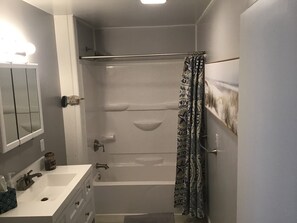 Combined shower/bathtub, hair dryer, towels, soap