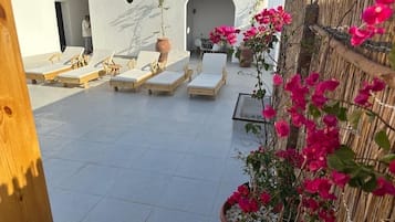 Terraza en la azotea con sillones de descanso, plantas en macetas y un cerramiento de bambú.