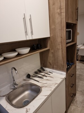 Superior appartement, 2 slaapkamers | Privékeuken | Een koelkast met diepvriezer, een microgolfoven, een oven, keukenpapier