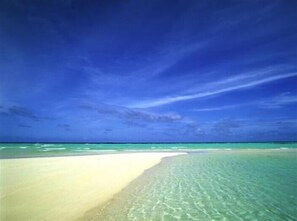 Una playa con agua turquesa cristalina y una orilla arenosa.