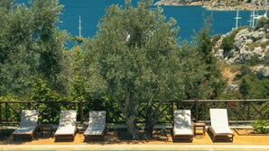 A pool with lounge chairs and umbrellas, surrounded by trees and mountains. - Boho Garden Selimiye (Marmaris)