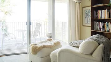 Smart TV, fireplace, DVD player, books