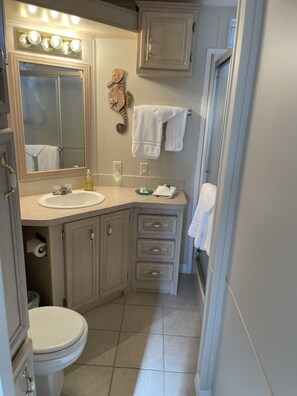 Dusche, Haartrockner, Handtücher, Seife