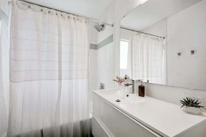 Combined shower/tub, hair dryer