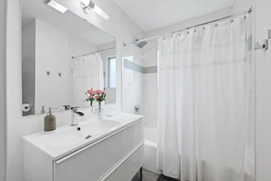 Combined shower/bathtub, hair dryer