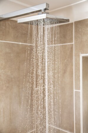 Combined shower/bathtub, hair dryer, towels, soap