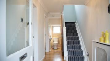 Combined shower/tub, hair dryer, towels, soap