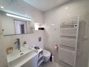 Shower, hair dryer, towels