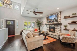 TV, caminetto, libri