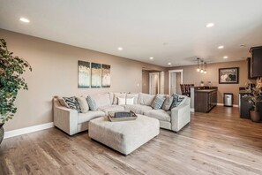 TV, fireplace, books